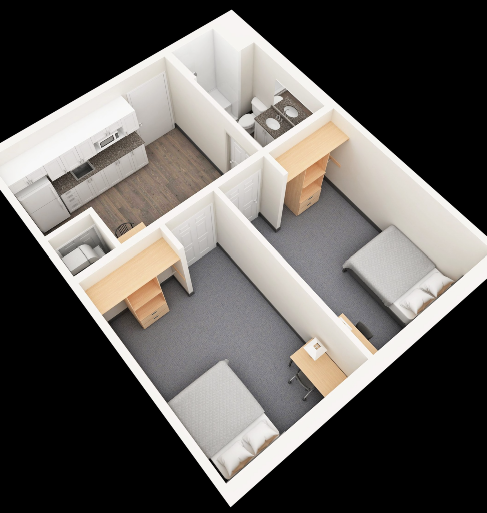 3D rendering of a 2 bedroom suite in Whitby Village Residence, showing 2 equal sized bedrooms with a double bed, desk, and closet rack in each bedroom, a 3 piece washroom with shower, and shared kitchen space with fridge, sink, and microwave.
