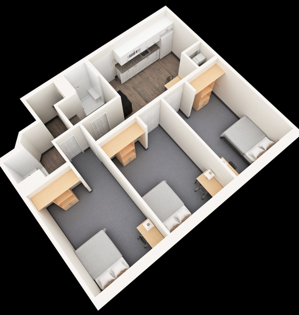 3D rendering of a 3 bedroom suite in Whitby Village Residence, showing 3 almost equal sized bedrooms, a double bed, desk, and closet rack in each bedroom, a 3 piece washroom with shower, and shared kitchen space with fridge, sink, and microwave.